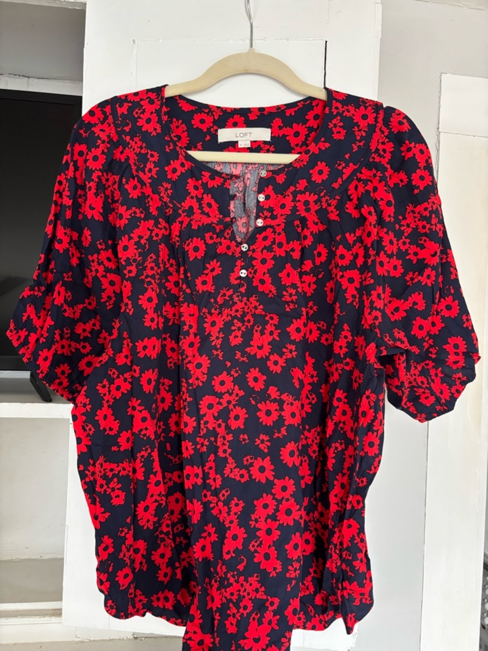 LOFT Navy and Red Floral Peasant Blouse